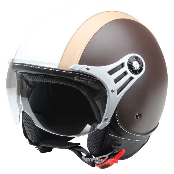 Casque jet casque de moto casque scooter CMX Chap blanc beige avec cuir marron Pieces Scooter Moto Maxiscooter Cyclo et Velo Velototal