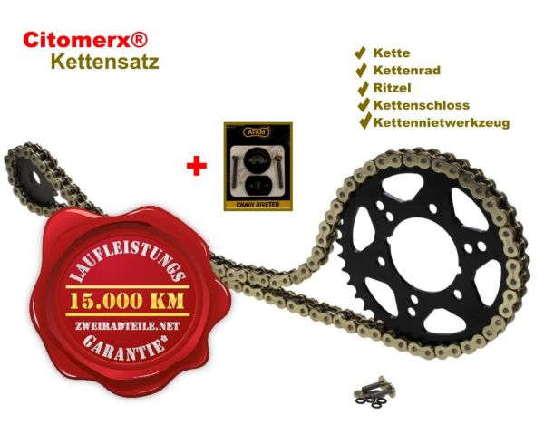 Kettensatz 15 44 für Hyosung GT650 R Sporttouring 2005-2008 X-Ring verstärkt gold + Kettennietwerkze (165394)