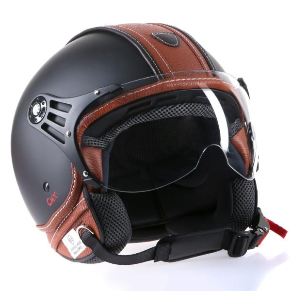 CMX Hazel casque jet casque scooter casque police noir-mat cuir marron